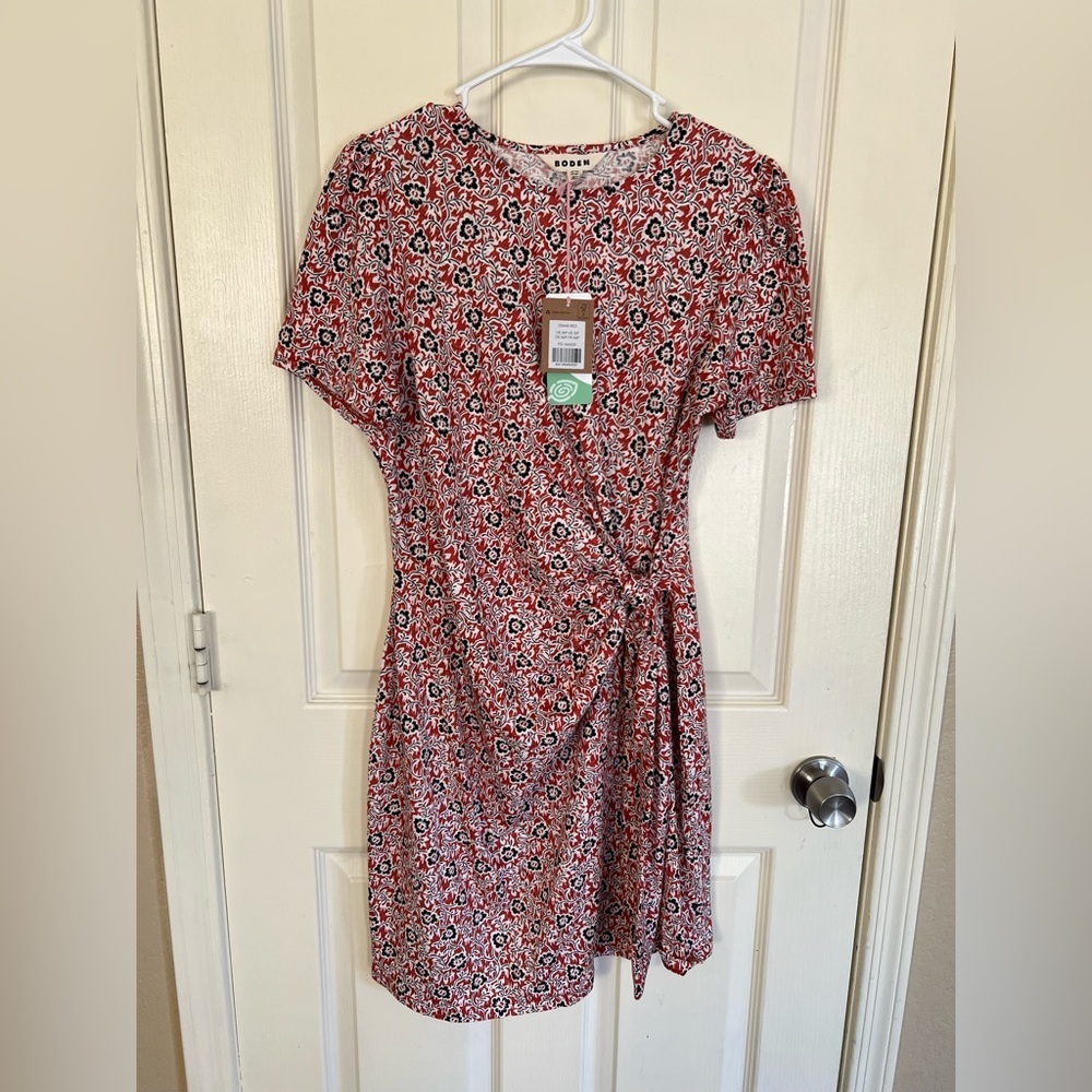 Boden Red Floral Faux Wrap Short Sleeve Dress NWT